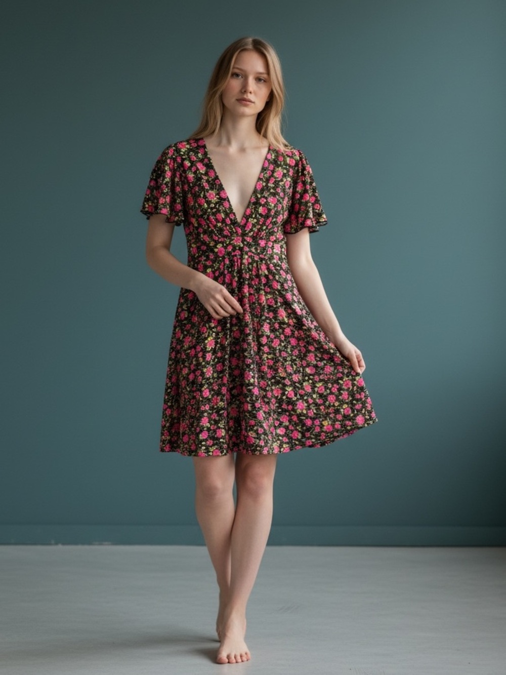 Vintage Y2K Lux Floral V-Neck Flutter Sleeve Dress in Black and Pink